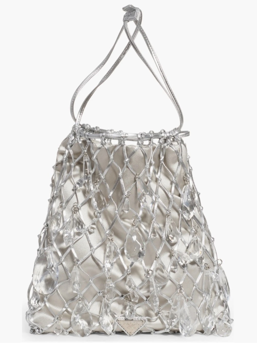 Prada Crystal Embellished Satin & Macrame   
Drawstring Crossbody Bag